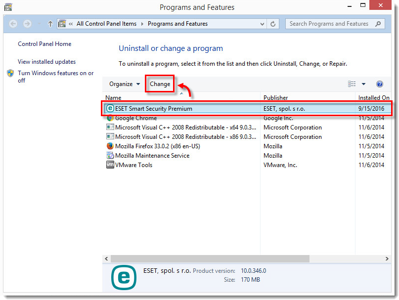 حذف محصول ESET home در ویندوز 8
